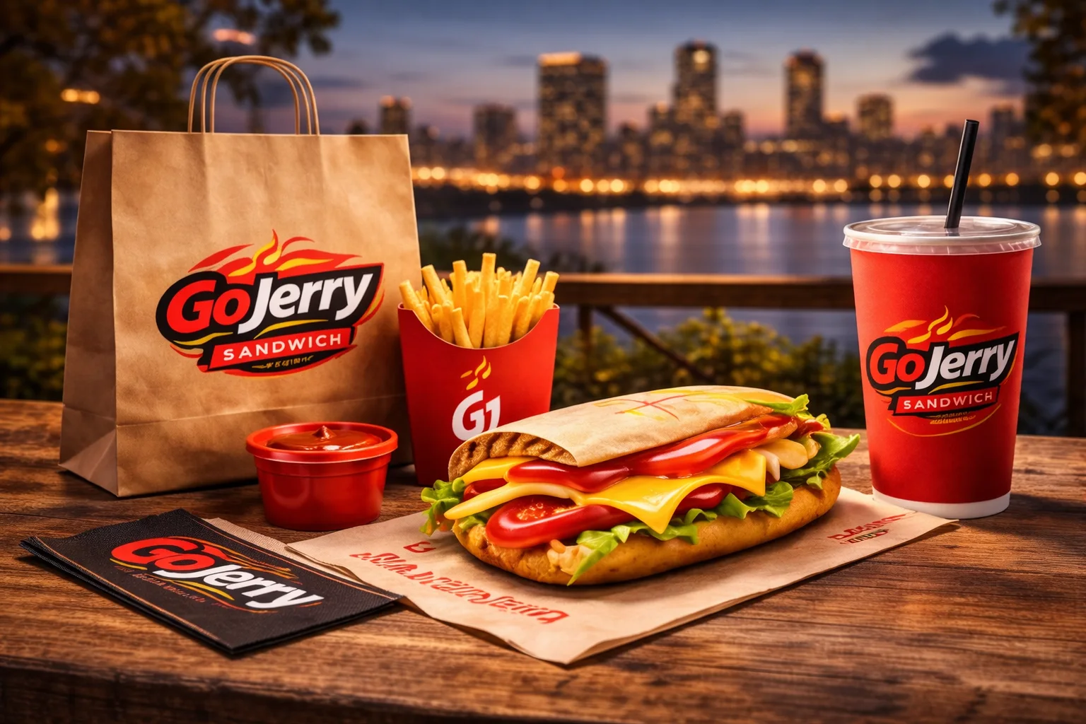 Sandwich combo with fries and a drink on a riverside table