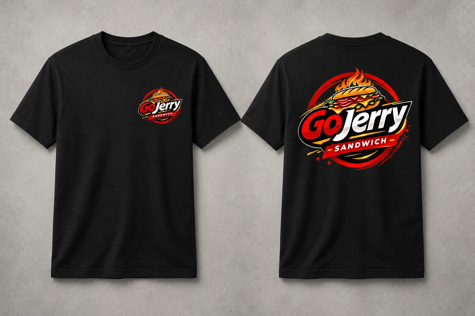 Black GoJerry branded T-shirts shown from the front and back