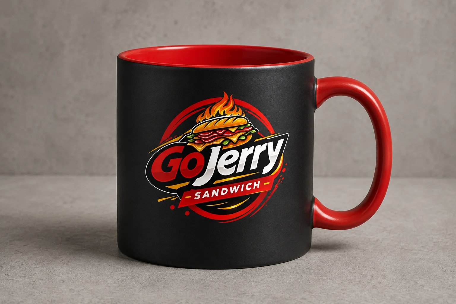 Black and red ceramic mug with the GoJerry sandwich logo