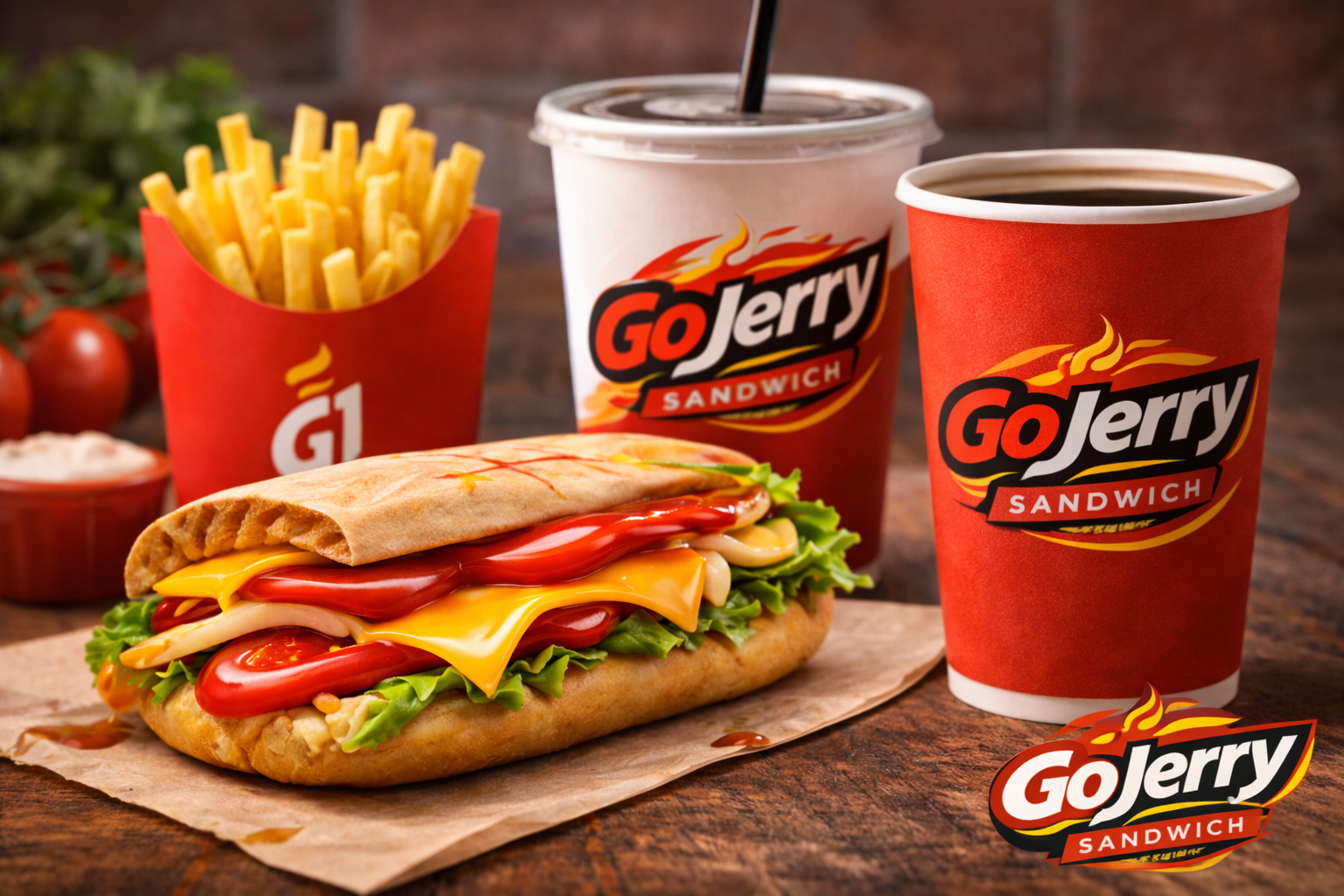 Toasted sandwich served with fries and drinks
