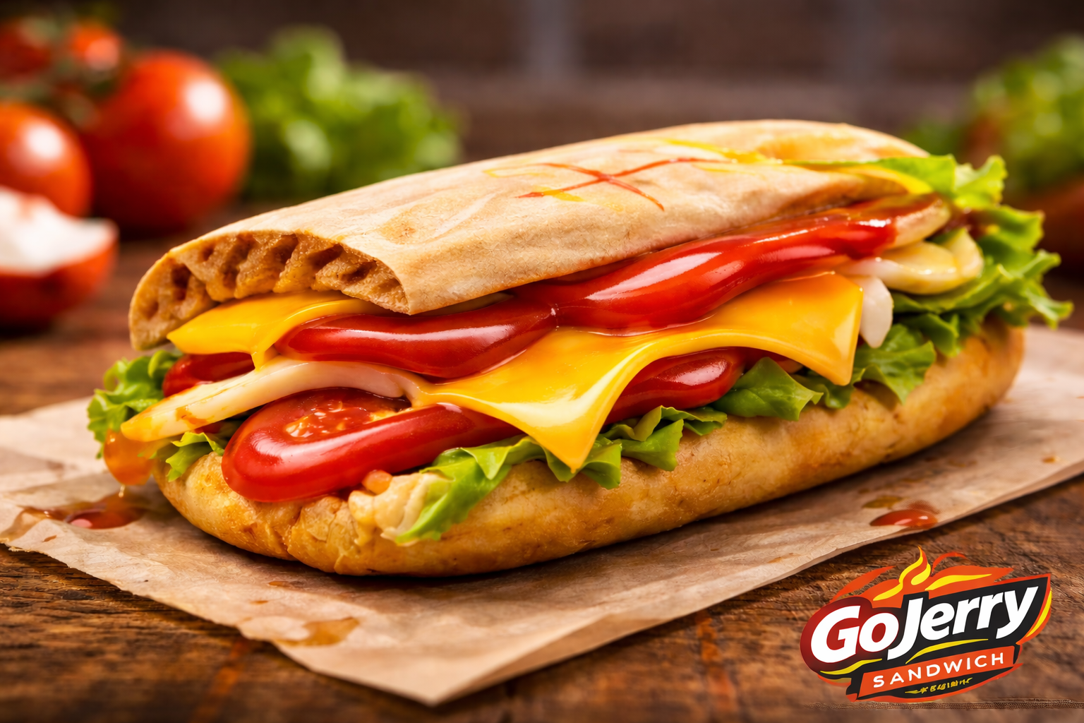 Close-up toasted sandwich with cheese, tomato and lettuce
