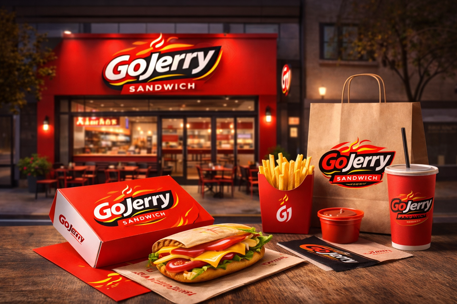 GoJerry storefront with takeaway packaging and sandwich on the table
