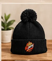 Black ribbed GoJerry beanie with a pom