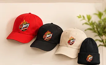 GoJerry caps in red, black and cream with a knitted beanie