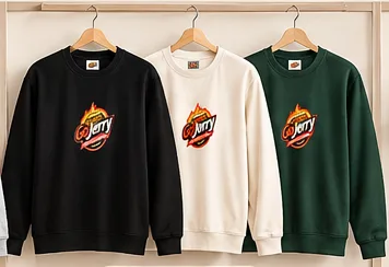 GoJerry crewneck sweatshirts in black, cream and forest green