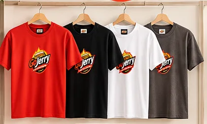 GoJerry t-shirts in red, black, white and charcoal