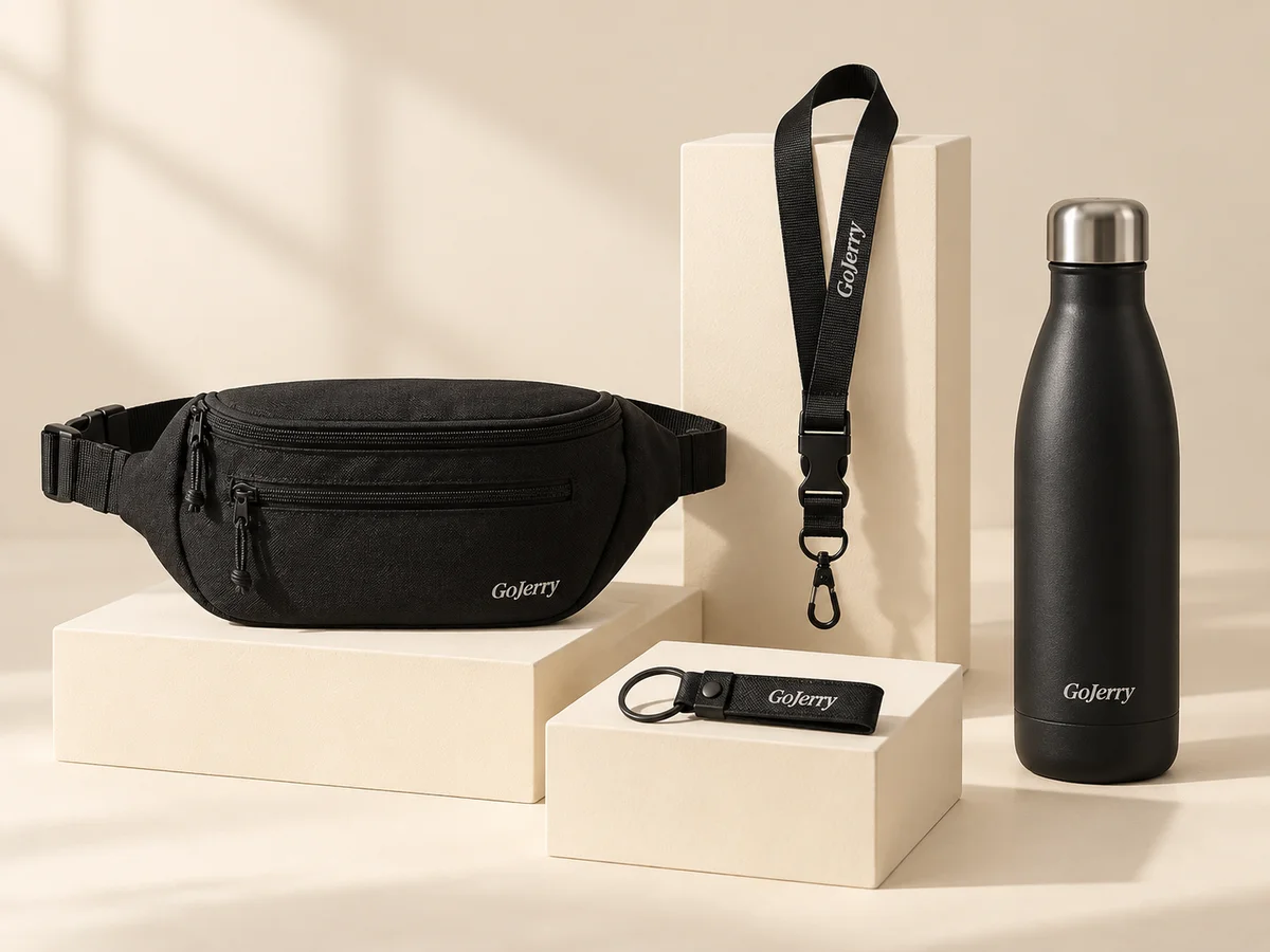 GoJerry belt bag, lanyard, keychain and insulated bottle