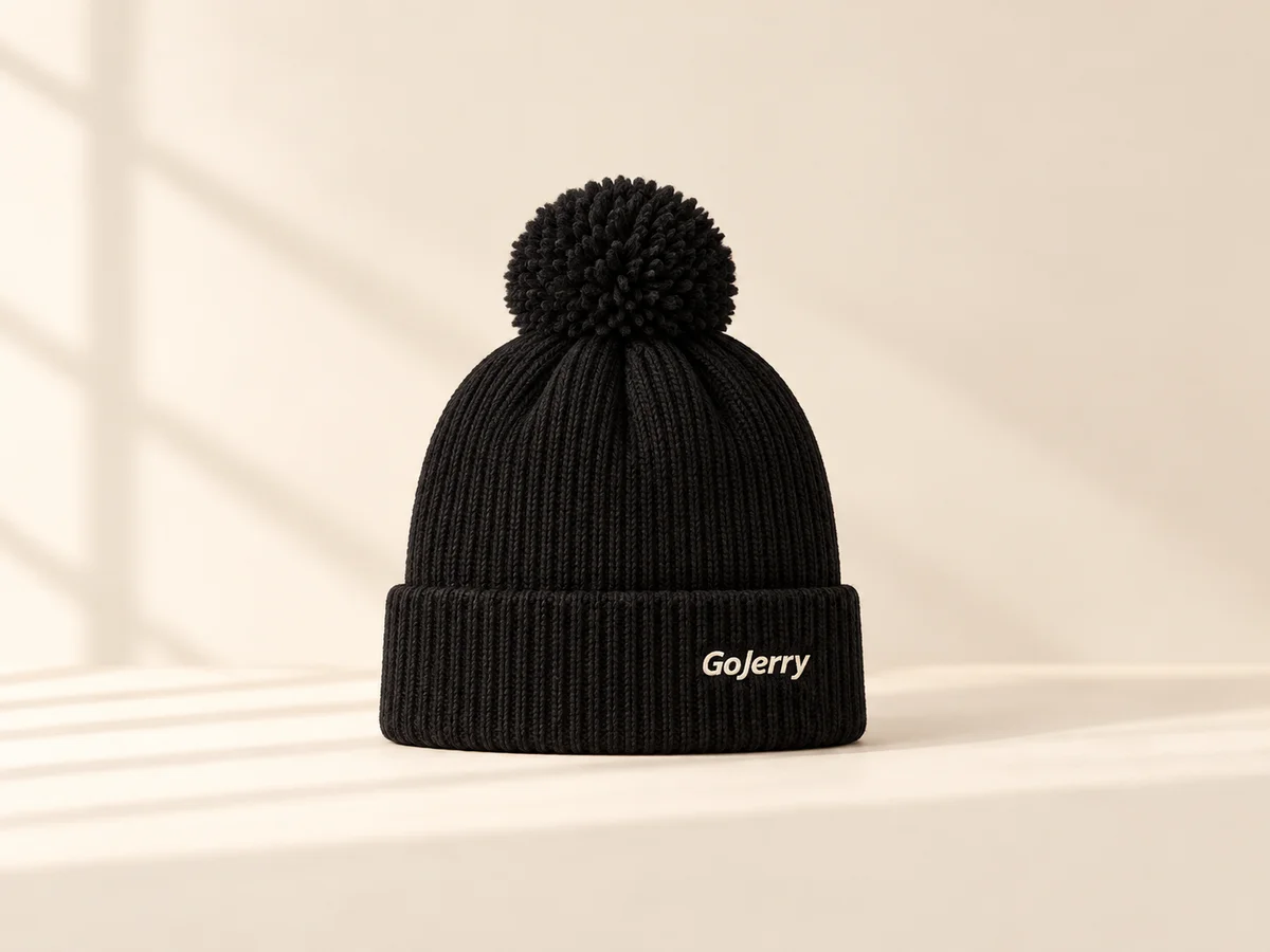 Black ribbed GoJerry beanie with a pom