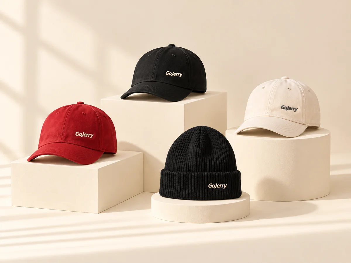 GoJerry caps in red, black and cream with a knitted beanie