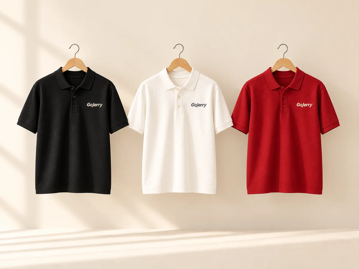 GoJerry polo shirts in black, white and red