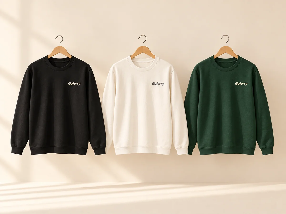 GoJerry crewneck sweatshirts in black, cream and forest green